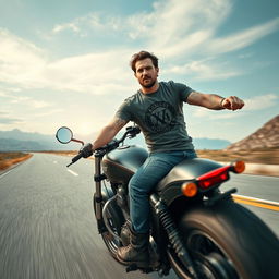 A hyper-realistic portrayal of a 35-year-old man with some tattoos on his arms, riding his motorcycle at full speed