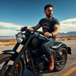 A hyper-realistic portrayal of a 35-year-old man with some tattoos on his arms, riding his motorcycle at full speed