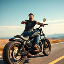 A hyper-realistic portrayal of a 35-year-old man with some tattoos on his arms, riding his motorcycle at full speed