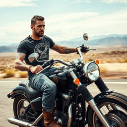 A hyper-realistic portrayal of a 35-year-old man with some tattoos on his arms, riding his motorcycle at full speed