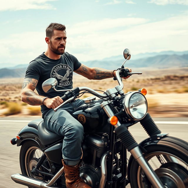 A hyper-realistic portrayal of a 35-year-old man with some tattoos on his arms, riding his motorcycle at full speed