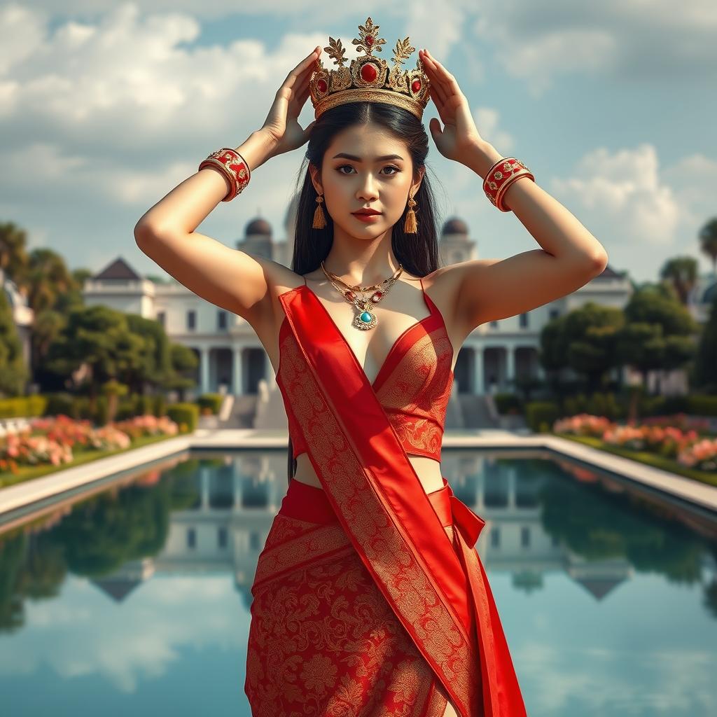 A 19-year-old beautiful and ideal young woman with a proportional body, portraying a role as a queen of the Javanese kingdom