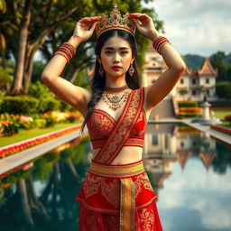 A 19-year-old beautiful and ideal young woman with a proportional body, portraying a role as a queen of the Javanese kingdom