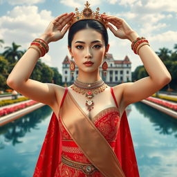 A 19-year-old beautiful and ideal young woman with a proportional body, portraying a role as a queen of the Javanese kingdom