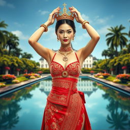 A 19-year-old beautiful and ideal young woman with a proportional body, portraying a role as a queen of the Javanese kingdom