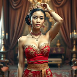 A 19-year-old beautiful young woman with an ideal, proportional body, portraying the role of a Javanese queen