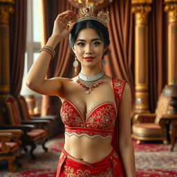 A 19-year-old beautiful young woman with an ideal, proportional body, portraying the role of a Javanese queen