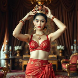 A 19-year-old beautiful young woman with an ideal, proportional body, portraying the role of a Javanese queen