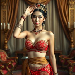 A 19-year-old beautiful young woman with an ideal, proportional body, portraying the role of a Javanese queen