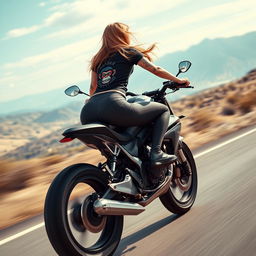 A hyper-realistic depiction of a beautiful girl with a tattoo on her arm, performing a wheelie on her motorcycle at full speed