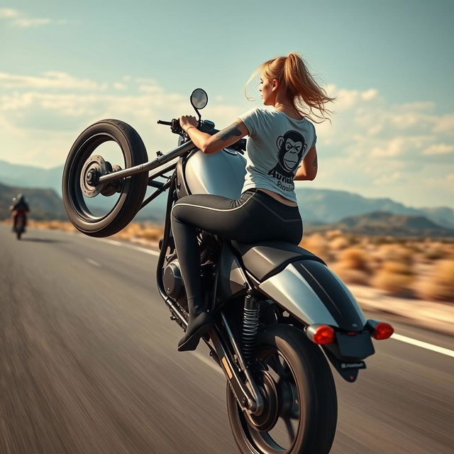 A hyper-realistic depiction of a beautiful girl with a tattoo on her arm, performing a wheelie on her motorcycle at full speed