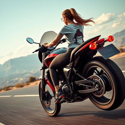 A hyper-realistic depiction of a beautiful girl with a tattoo on her arm, performing a wheelie on her motorcycle at full speed