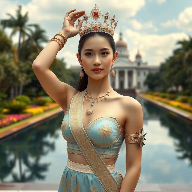 A 19-year-old beautiful and ideal young woman with a proportional body, portraying a role as a queen of the Javanese kingdom