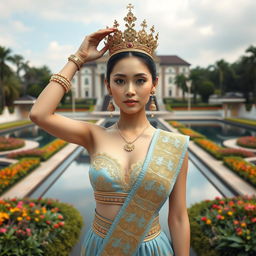 A 19-year-old beautiful and ideal young woman with a proportional body, portraying a role as a queen of the Javanese kingdom