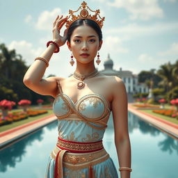 A 19-year-old beautiful and ideal young woman with a proportional body, portraying a role as a queen of the Javanese kingdom