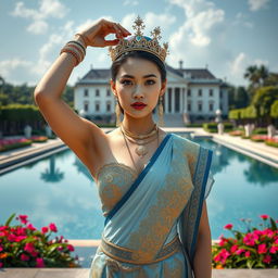 A 19-year-old beautiful and ideal young woman with a proportional body, portraying a role as a queen of the Javanese kingdom