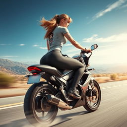 A hyper-realistic depiction of a beautiful girl with a perfect figure and a tattoo on her arm, performing an exhilarating ride on her motorcycle at full speed