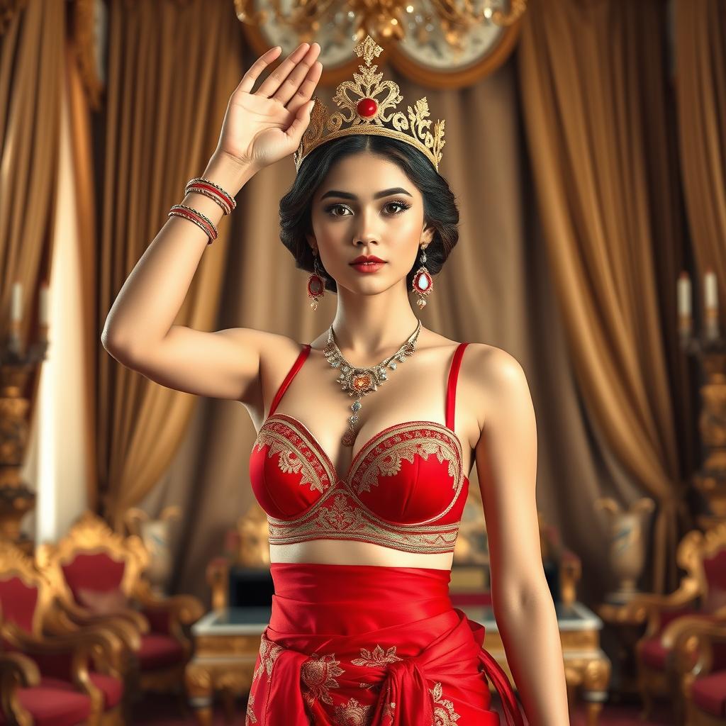 A 19-year-old beautiful young woman with an ideal, proportional body, portraying the role of a Javanese queen