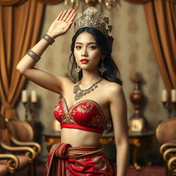 A 19-year-old beautiful young woman with an ideal, proportional body, portraying the role of a Javanese queen