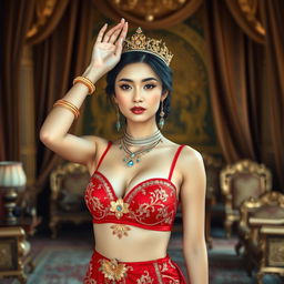 A 19-year-old beautiful young woman with an ideal, proportional body, portraying the role of a Javanese queen