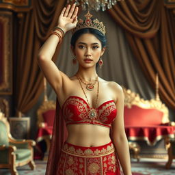 A 19-year-old beautiful young woman with an ideal, proportional body, portraying the role of a Javanese queen