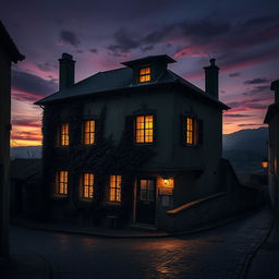 An atmospheric portrayal of the legendary "Casa de las Siete Ventanas" at dusk