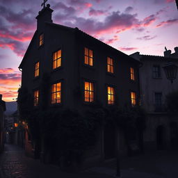 An atmospheric portrayal of the legendary "Casa de las Siete Ventanas" at dusk