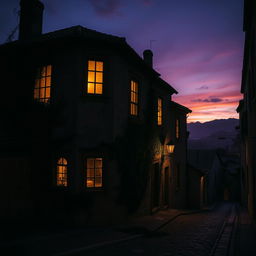 An atmospheric portrayal of the legendary "Casa de las Siete Ventanas" at dusk