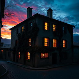 An atmospheric portrayal of the legendary "Casa de las Siete Ventanas" at dusk