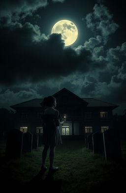 A dark, eerie night sky with thick clouds partially covering the full moon, creating a suspenseful atmosphere