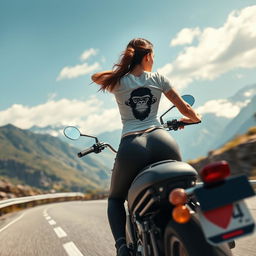 A hyper-realistic depiction of a beautiful girl with a perfect figure and a tattoo on her arm, riding her motorcycle at full speed on a mountain road