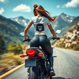 A hyper-realistic depiction of a beautiful girl with a perfect figure and a tattoo on her arm, riding her motorcycle at full speed on a mountain road