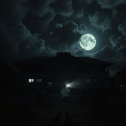 A dark night sky with thick clouds partially covering the full moon, creating a suspenseful atmosphere