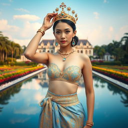 A 19-year-old beautiful and ideal young woman with a proportionate body, portraying a role as a queen of the Javanese kingdom