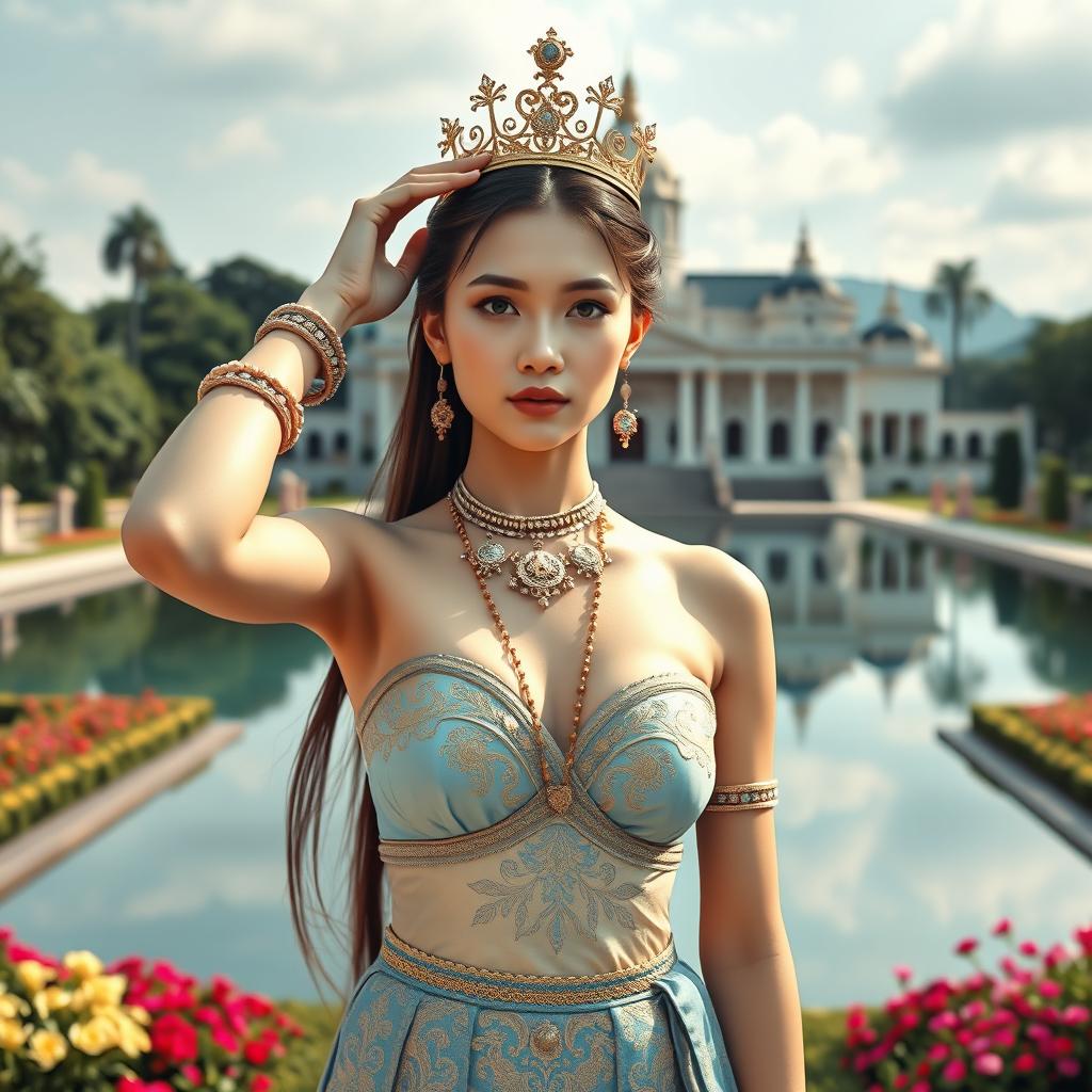 A 19-year-old beautiful and ideal young woman with a proportionate body, portraying a role as a queen of the Javanese kingdom