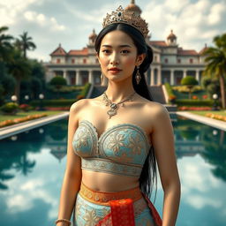 A 19-year-old beautiful and ideal young woman with a proportionate body, portraying a role as a queen of the Javanese kingdom