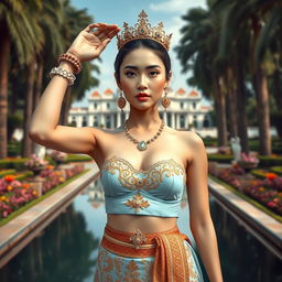 A 19-year-old beautiful and ideal young woman with a proportionate body, portraying a role as a queen of the Javanese kingdom