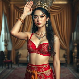 A 19-year-old beautiful young woman with an ideal, proportional body, portraying the role of a Javanese queen