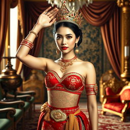 A 19-year-old beautiful young woman with an ideal, proportional body, portraying the role of a Javanese queen