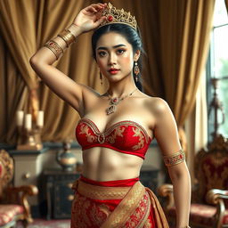 A 19-year-old beautiful young woman with an ideal, proportional body, portraying the role of a Javanese queen