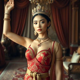 A 19-year-old beautiful young woman with an ideal, proportional body, portraying the role of a Javanese queen