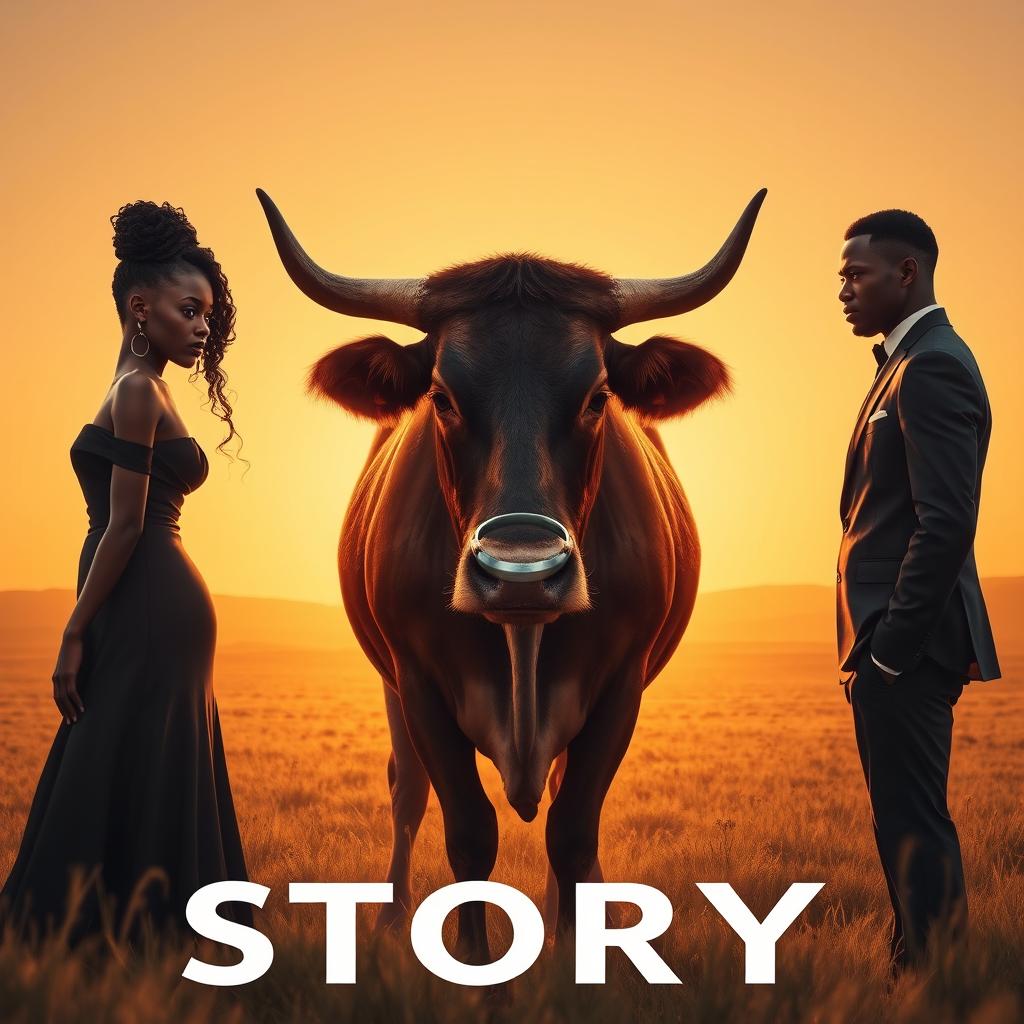 A story poster depicting a black couple standing back-to-back, with a majestic cow adorned with a ring on its horn in the center