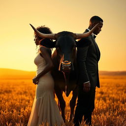 A story poster depicting a black couple standing back-to-back, with a majestic cow adorned with a ring on its horn in the center