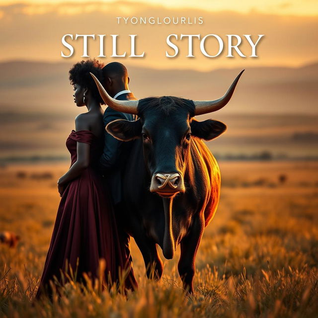 A story poster depicting a black couple standing back-to-back, with a majestic cow adorned with a ring on its horn in the center