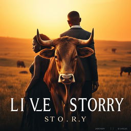 A story poster depicting a black couple standing back-to-back, with a majestic cow adorned with a ring on its horn in the center