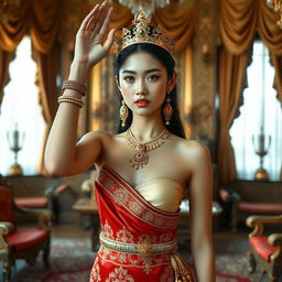 A 19-year-old beautiful young woman with an ideal, proportional body, portraying the role of a Javanese queen