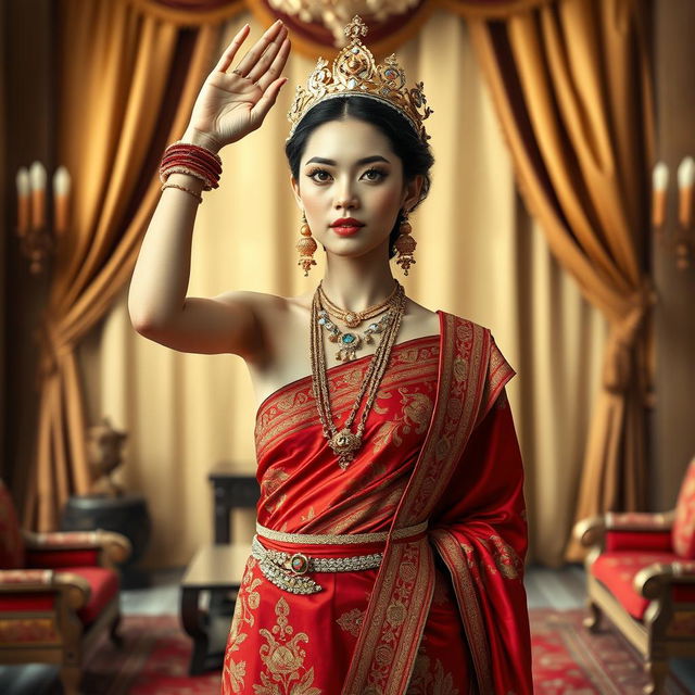 A 19-year-old beautiful young woman with an ideal, proportional body, portraying the role of a Javanese queen