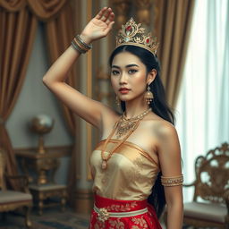 A 19-year-old beautiful young woman with an ideal, proportional body, portraying the role of a Javanese queen