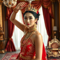 A 19-year-old beautiful young woman with an ideal, proportional body, portraying the role of a Javanese queen