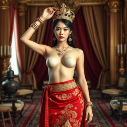 A 19-year-old beautiful and ideal young woman with a proportional body, portraying a role as a queen of the Javanese kingdom